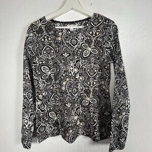 Charter Club Luxury Pima Cotton Long Sleeve Paisley Top Size Small Black & White